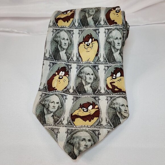 Looney Tunes Mania Taz Big Bucks 100% Silk Necktie Featuring George Washington - Picture 1 of 5